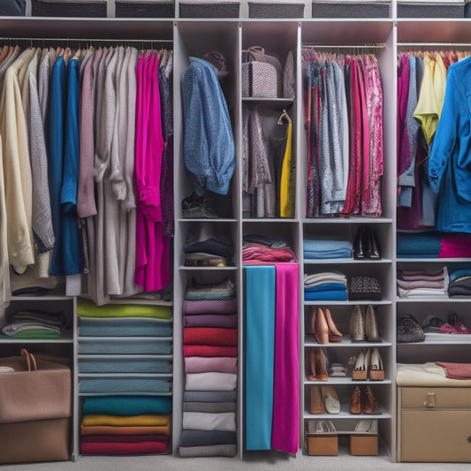 A cluttered closet overflowing with clothes, shoes, and accessories, with garments spilling out of drawers and shelves, contrasted with a tidy, organized section in the background, featuring neatly arranged outfits on velvet hangers.