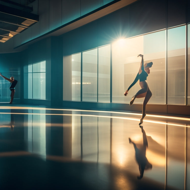 A dramatic, low-lit dance studio scene: a single, spotlighted dancer in mid-leap, shadows dancing across the floor, surrounded by blurred, darkened mirrors and sleek, modern architecture.