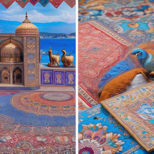 A vibrant, intricately patterned mosaic background with interlocking tiles depicting various Indian cultural icons: Taj Mahal, peacock, Ganesha, henna-adorned hands, and colorful silk fabrics.