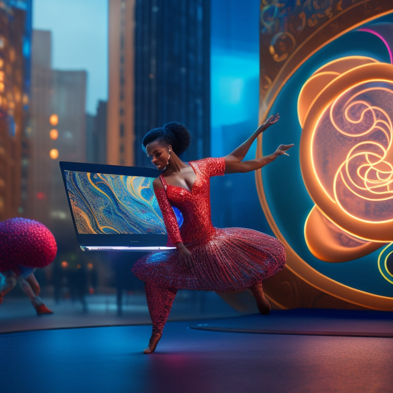 A stylized illustration of a dance instructor standing in front of a laptop, surrounded by swirling dance-inspired patterns and shapes, with a subtle cityscape or studio background, conveying technology and creativity.