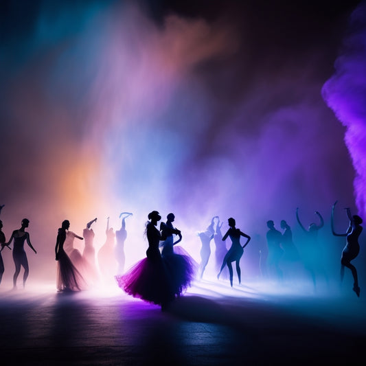 A darkened gallery space filled with silhouetted dancers in motion, surrounded by swirling mist, spotlit by vibrant colors, with echoes of jazz and blues melodies in the air.