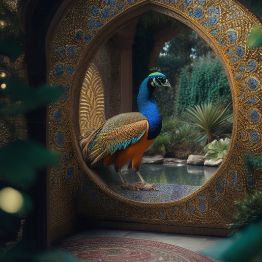 A warm, golden-lit mosaic of intricate Middle Eastern patterns, featuring a majestic peacock perched on an ornate, curved window, surrounded by lush greenery and subtle, shimmering lights.