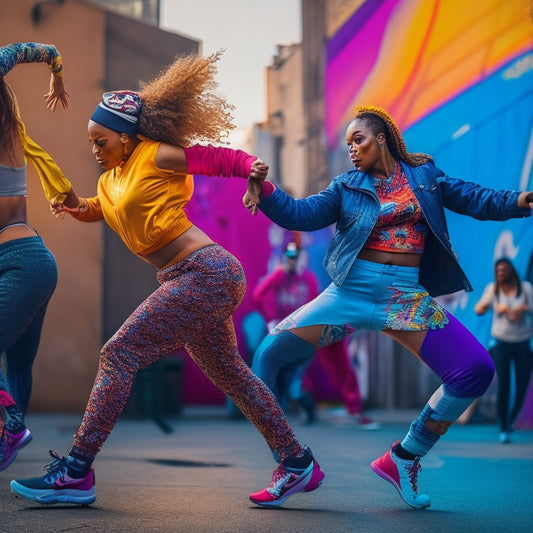 A dynamic scene showcasing women in vibrant, loose-fitting hip hop dance pants, striking energetic poses against a colorful urban backdrop, with graffiti art and streetwear accessories, capturing movement and style in every detail.