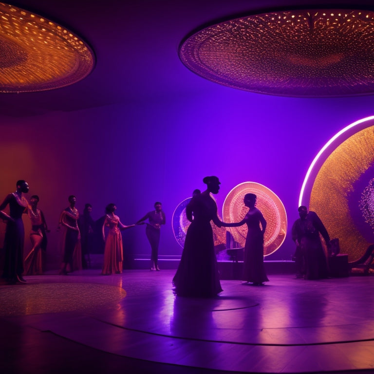 A darkened room illuminated by a large, circular digital display projecting archival footage of African American dancers in various styles, surrounded by subtle, swirling patterns of purple and gold.