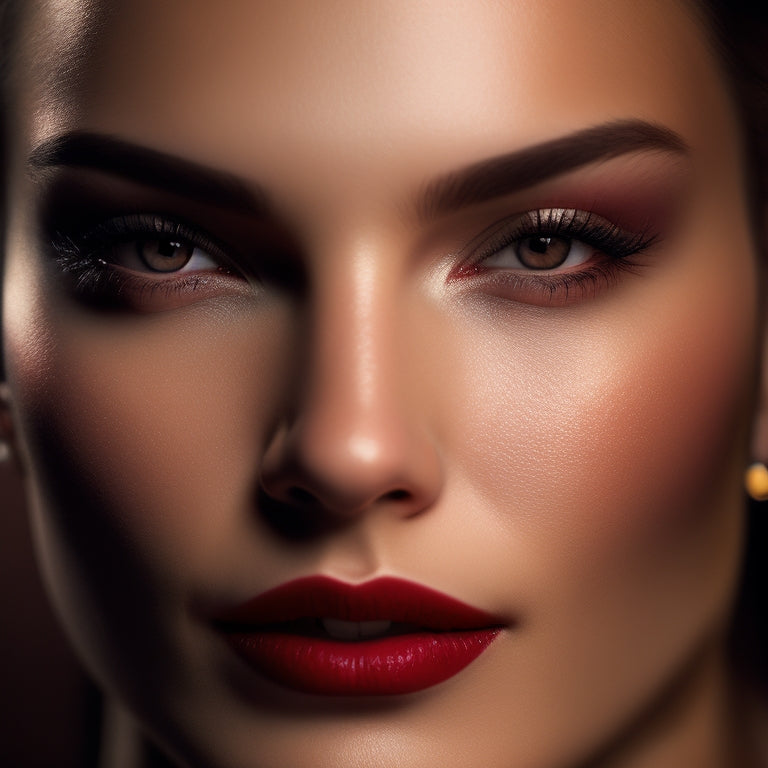 A close-up of a dancer's face, illuminated by soft, warm lighting, with flawless, natural-looking makeup, subtle shimmer on eyelids, defined brows, and bold, red lips, against a blurred, dark background.