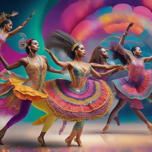 A vibrant, dynamic illustration depicting dancers of diverse ages, body types, and abilities moving in unison, surrounded by colorful dance-inspired shapes and swirling patterns, filling the entire frame.