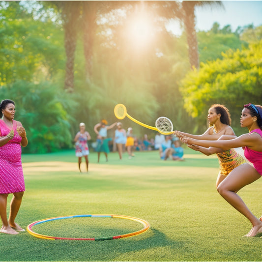 A vibrant scene showcasing diverse people of various ethnicities joyfully hula hooping in a lush park, surrounded by historical artifacts, colorful hoops, and traditional Hawaiian motifs, reflecting the cultural significance and evolution of hula hoops.