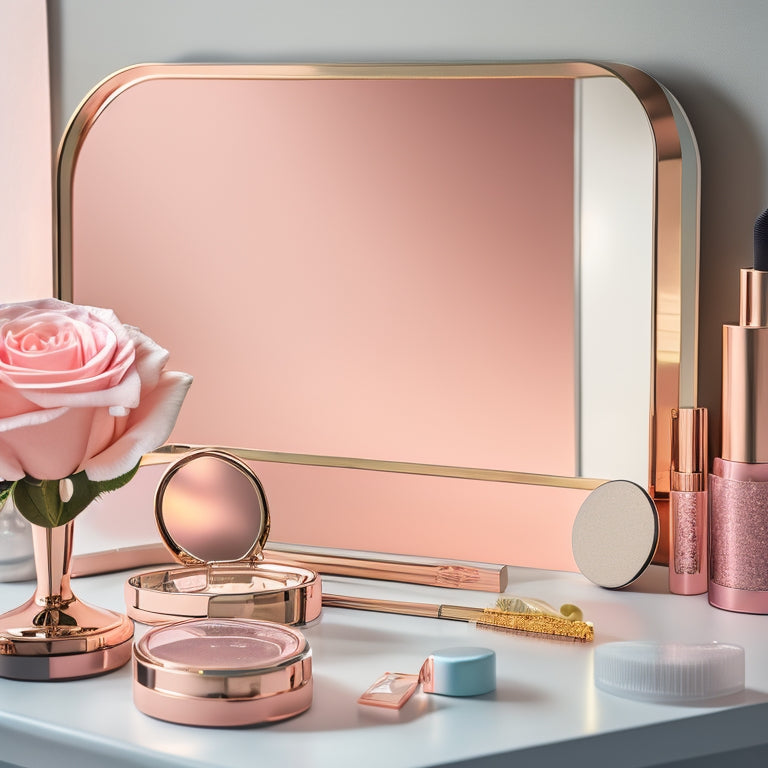 A stylish, close-up shot of a makeup vanity with a sleek, rose-gold mirror, surrounded by various chic makeup stickers in pastel hues, with a few stickers peeling off the sheet, as if being applied.
