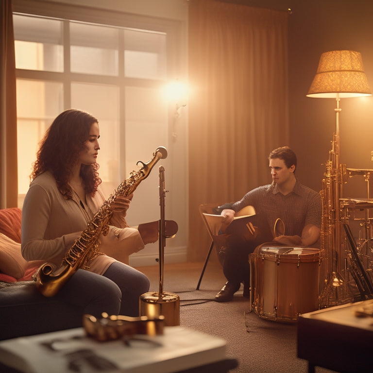 A warm, golden-lit studio scene featuring a clarinetist and guitarist in close, collaborative proximity, surrounded by scattered sheets of music, with instruments and music stands in soft focus.