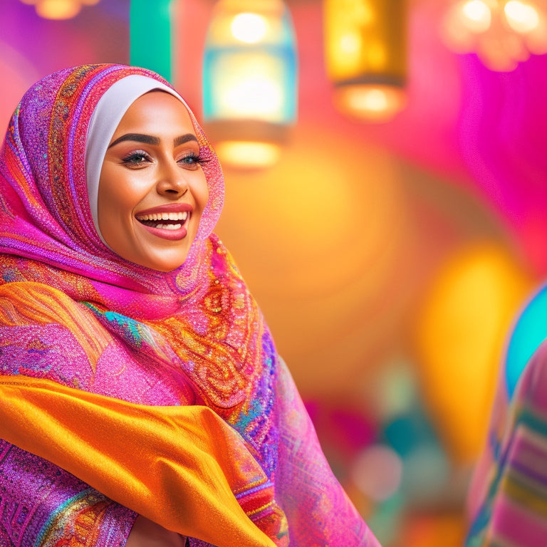 A vibrant illustration of a fit, smiling woman in a flowing white hijab, dancing to Arabic music amidst whirling veils, colorful lanterns, and intricately patterned tiles, surrounded by swirling fabrics.