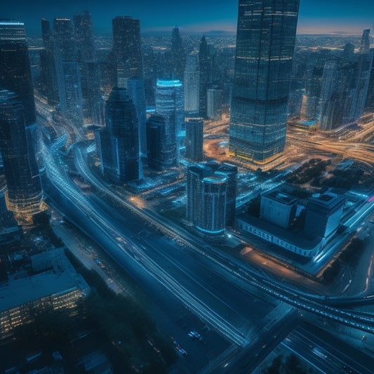 An urban landscape at dusk with sleek skyscrapers, neon lights, and bustling streets, overlaid with swirling threads of data visualizations in shades of blue, green, and gold.