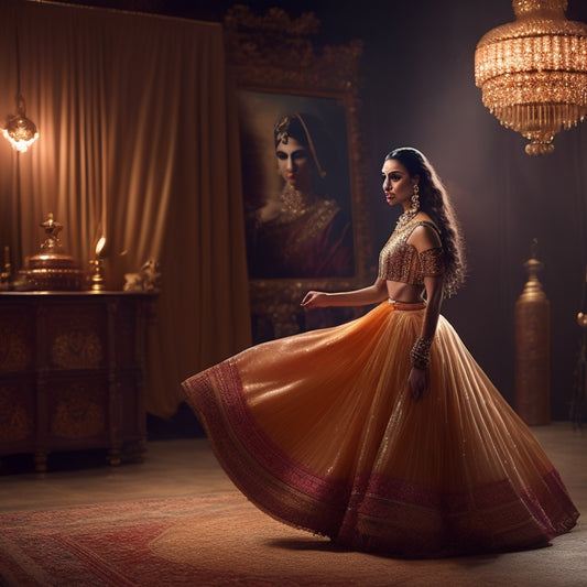 A serene, dimly lit studio with a warm, golden glow, featuring a lone dancer in a flowing, jewel-toned skirt, posing in a gentle, hip-isolated movement, surrounded by Middle Eastern-inspired patterns.