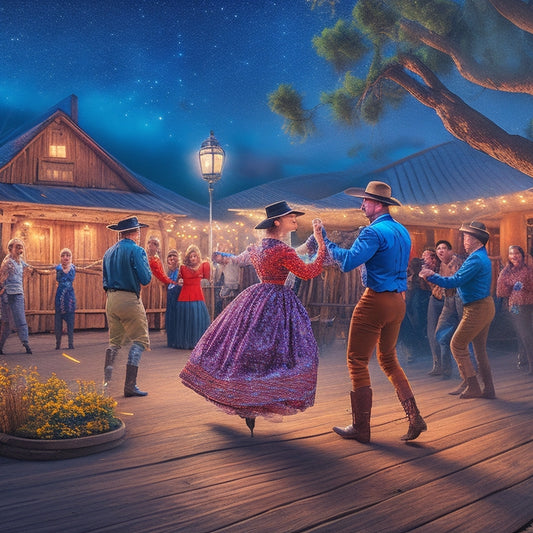 A vibrant illustration of a lively square dance scene: swirling skirts, tapping boots, and joyful faces under a starry night sky, surrounded by rustic wooden fences and twinkling lanterns.