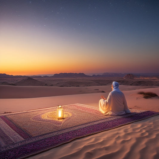 A serene desert landscape at dusk, with a lone figure in a flowing white robe sitting cross-legged in meditation, surrounded by intricately patterned Arabic tiles and lanterns, amidst a subtle aurora.