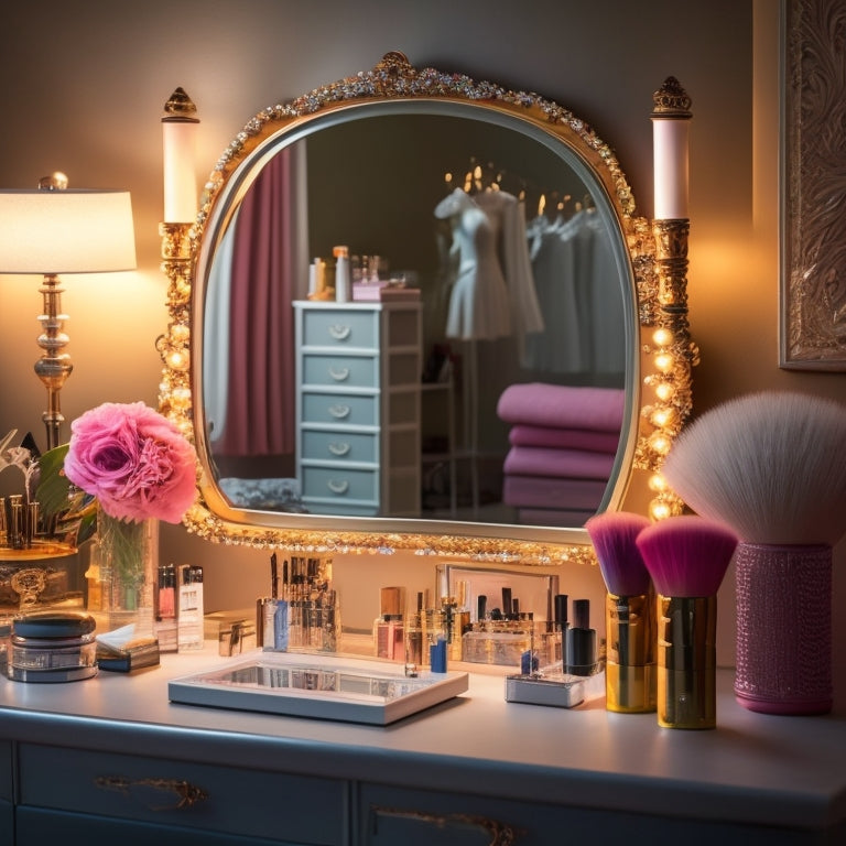 A clutter-free, well-lit vanity with a mirror, surrounded by neatly organized makeup brushes, palettes, and products, with a few dance-inspired props like a tiara or a ballet shoe.