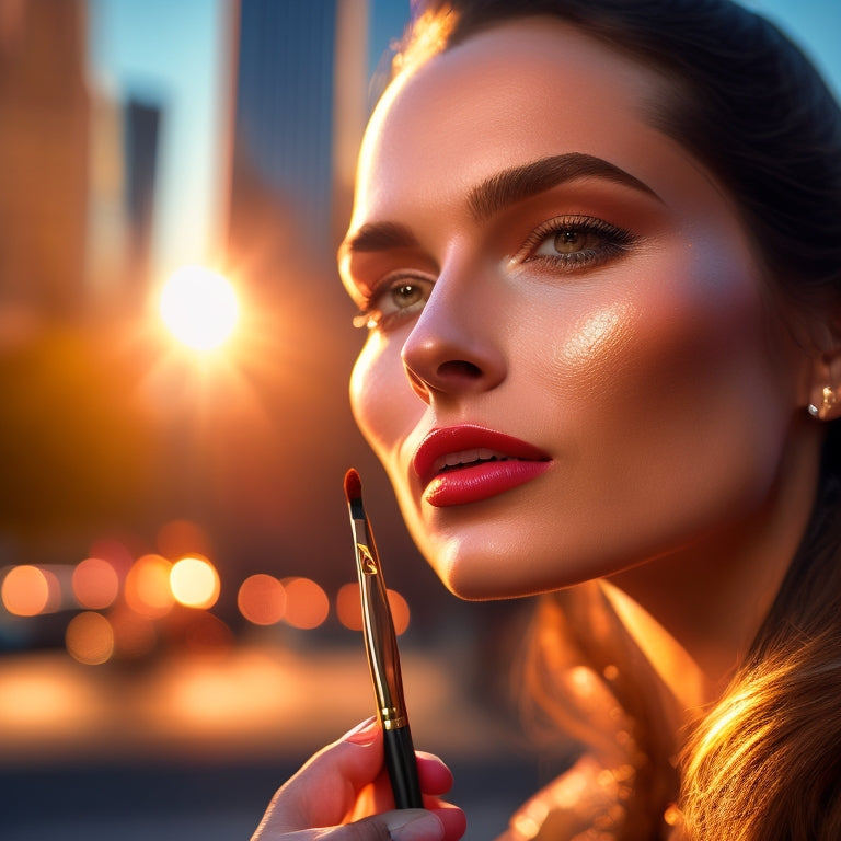 A close-up of a makeup brush stroking a model's cheekbone, set against a blurred backdrop of a bustling NYC street at sunset, with warm golden light casting a glamorous glow.