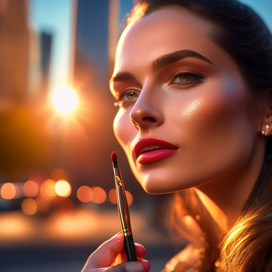 A close-up of a makeup brush stroking a model's cheekbone, set against a blurred backdrop of a bustling NYC street at sunset, with warm golden light casting a glamorous glow.