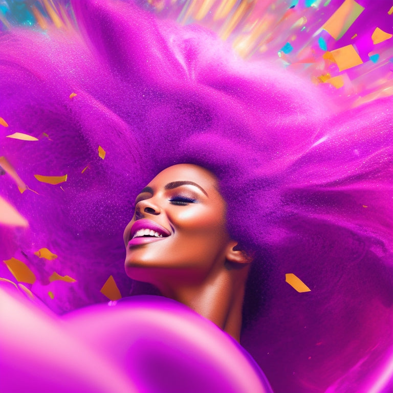 A vibrant, colorful illustration of a young woman with big, bold hair, dancing in front of a bright pink background, surrounded by swirling, abstract shapes and confetti, with her head tilted back and her hands on her head.