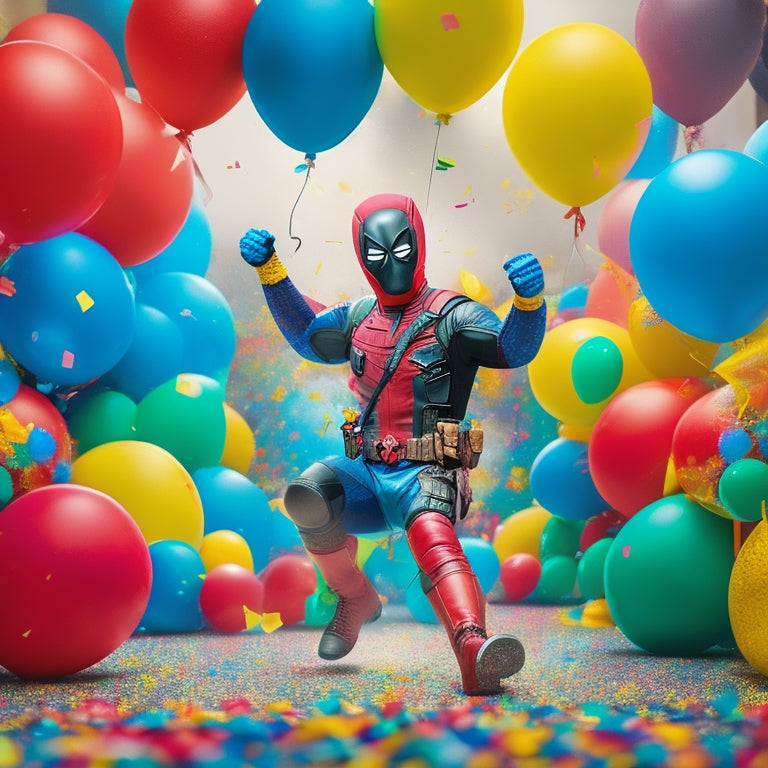 A whimsical illustration of Deadpool, dressed in a kid-friendly outfit, dancing enthusiastically amidst confetti and balloons, surrounded by Hatch Kids' colorful branding elements.