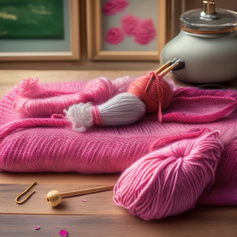 A delicate, soft-focus illustration of a ballerina's tutu-inspired sweater, draped over a vintage wooden ballet barre, surrounded by yarn, knitting needles, and scattered rose petals.