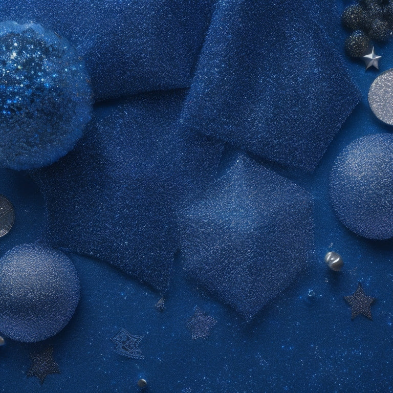 A whimsical, dark-blue background adorned with scattered, shimmering silver glitter, surrounded by a constellation of intricately designed, beaded, and sequined costume decorations in various shapes and sizes.
