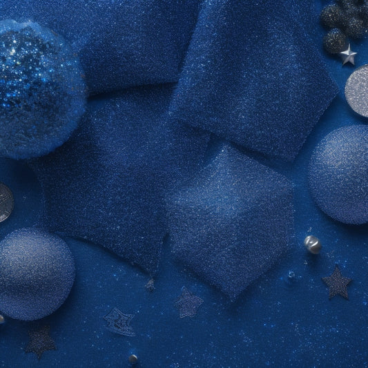 A whimsical, dark-blue background adorned with scattered, shimmering silver glitter, surrounded by a constellation of intricately designed, beaded, and sequined costume decorations in various shapes and sizes.