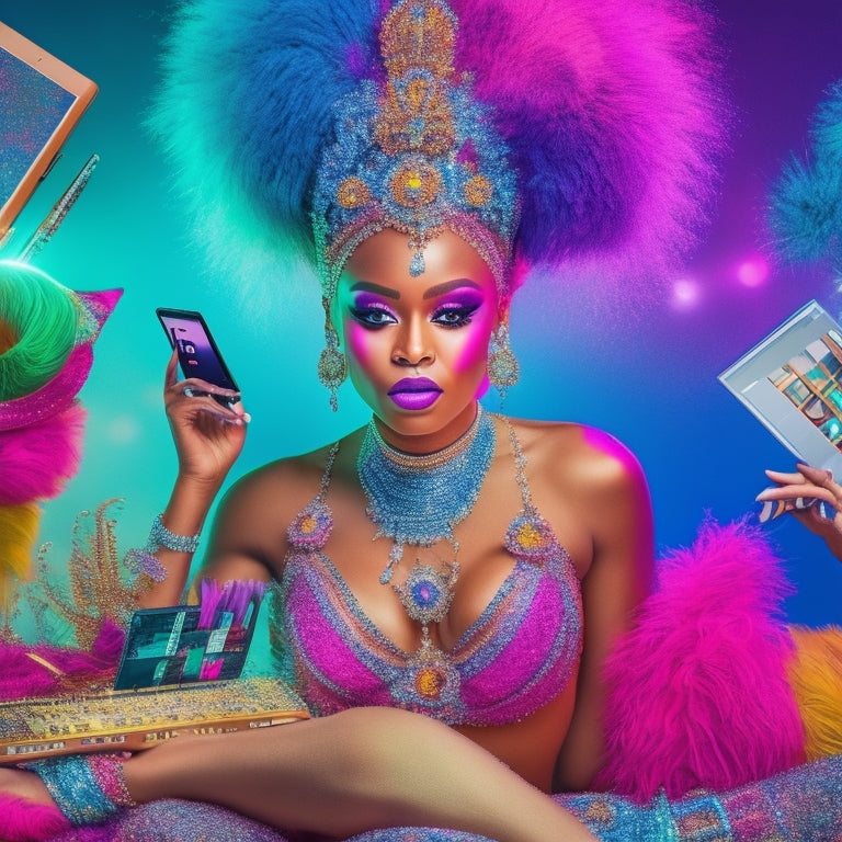 A colorful illustration featuring a dancer in a bold, glittering costume, surrounded by various digital devices and makeup tools, with subtle hints of social media and online platforms in the background.