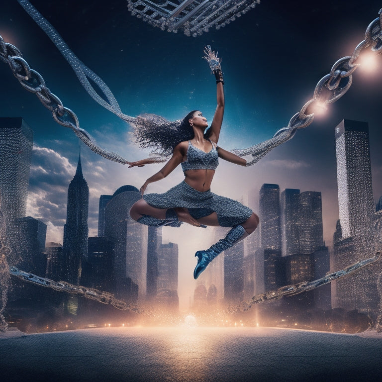 A stylized illustration of a dancer in mid-air, surrounded by shattered locks and chains, with a cityscape or stage lights blurred in the background, conveying freedom and exclusivity.