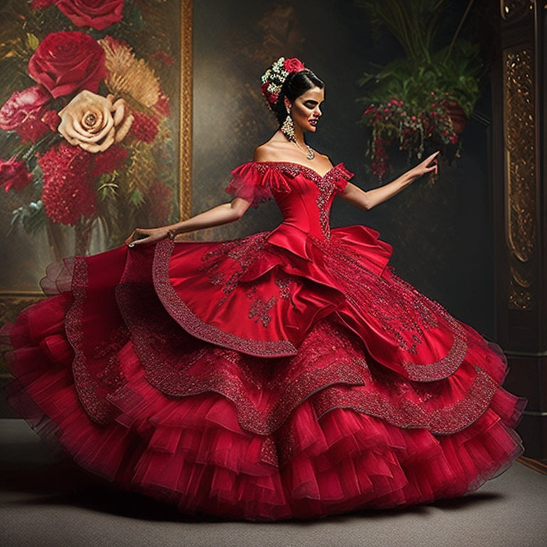 Get ready to dazzle on the dance floor with our stunning Rose Flamenco Ballroom Dance Dress. Unleash your elegance and grace in this show-stopping ensemble.