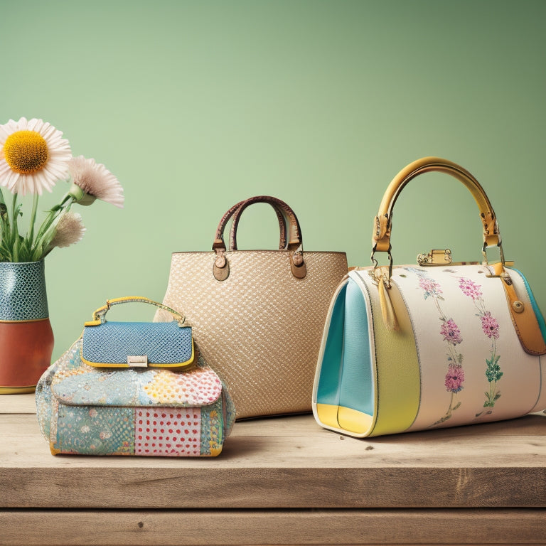 A colorful, whimsical illustration featuring three stylish handbags in varying shapes and sizes, adorned with florals, stripes, and polka dots, arranged artfully on a distressed wooden table.