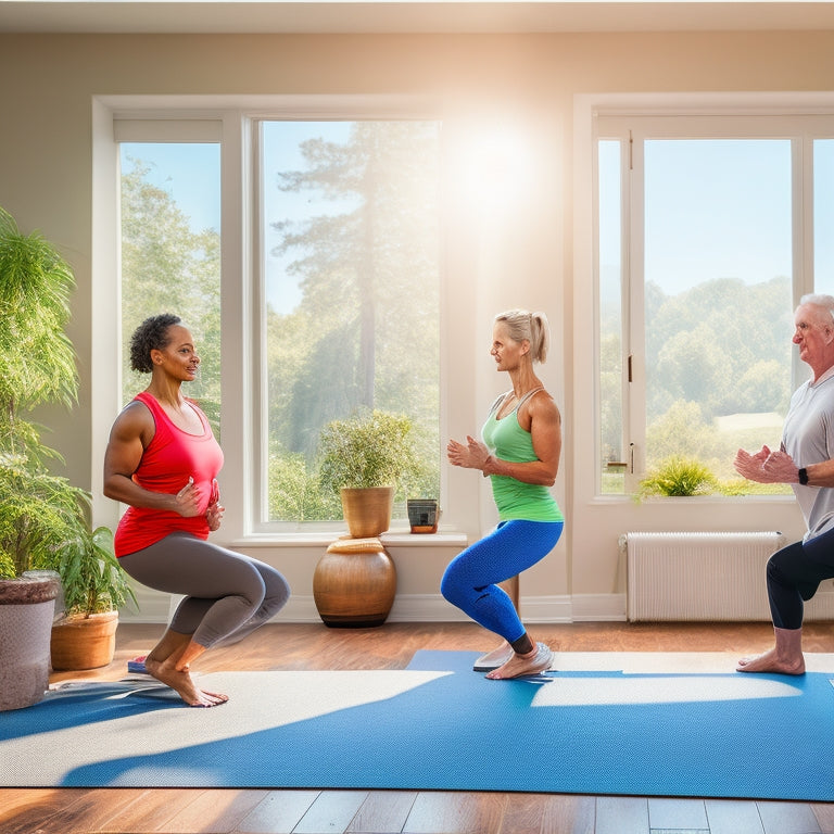 A serene, sunlit fitness studio with gentle lighting, showcasing seniors of diverse ages and abilities engaging in various low-impact exercises, such as yoga, tai chi, and resistance band workouts.