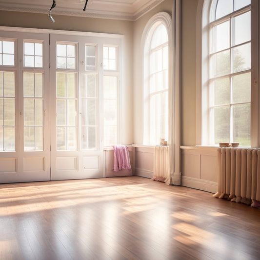 A serene dance studio with soft wooden floors, featuring delicate pastel ballet shoes neatly arranged in a circle, surrounded by colorful ribbons and a gentle sunlight streaming through large windows, creating a warm, inviting atmosphere.