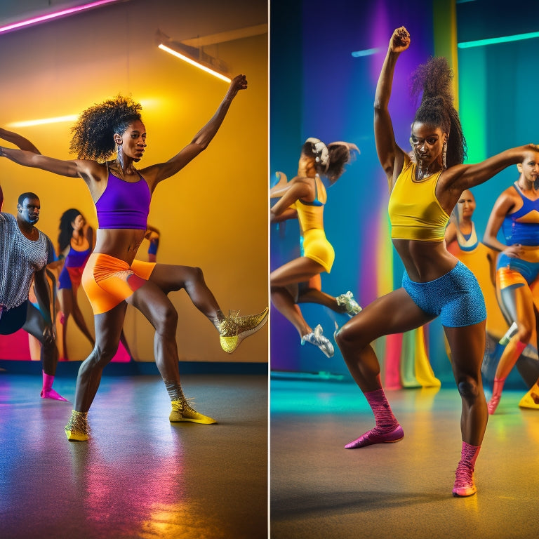 A vibrant dance studio with a diverse group of dancers showcasing various styles, each wearing unique, colorful dance shorts. The scene captures energetic movements, mirrored walls, and soft lighting, emphasizing flexibility and expression.