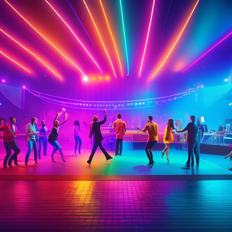 A vibrant illustration of a dance floor at night, with colorful spotlights and a DJ booth in the background, surrounded by dancing silhouettes holding cards with musical notes.