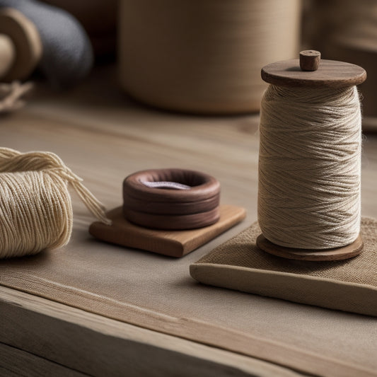 A serene, close-up composition featuring a spool of earthy-toned silk floss wrapped around a wooden D sampler, surrounded by scattered threads and a few loose strands, on a natural wood background.