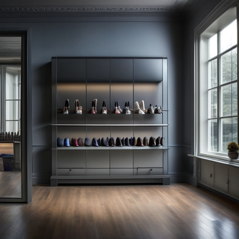 A ballet studio interior with a sleek, modern pointe shoe display case against a dark gray wall, surrounded by mirrors, ballet bars, and a few dancers' silhouettes in the background.