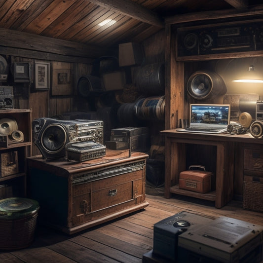 A nostalgic, dimly lit attic scene with an old, wooden trunk center stage, surrounded by scattered vinyl records, cassette tapes, and a vintage boombox, with a laptop open in the background.