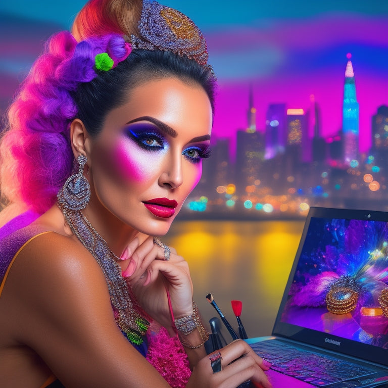 A glamorous dance makeup artist, surrounded by colorful makeup brushes and palettes, posing in front of a ring light, with a laptop and smartphone nearby, amidst a blurred cityscape backdrop.