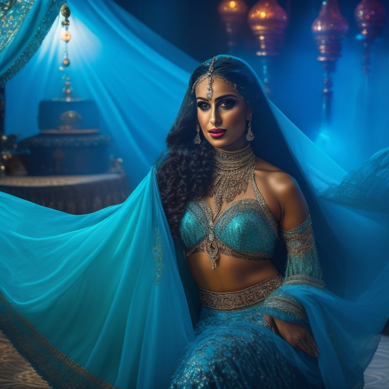 A serene, dimly lit studio with a beautiful, toned belly dancer in a flowing, turquoise costume, surrounded by veils, scarves, and Middle Eastern-inspired decorations, in a graceful, flowing pose.