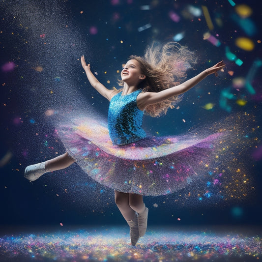 A vibrant illustration of a young girl in a dance pose, surrounded by colorful digital elements like glitter, stars, and confetti, with a subtle sparkle effect and a pastel color palette.