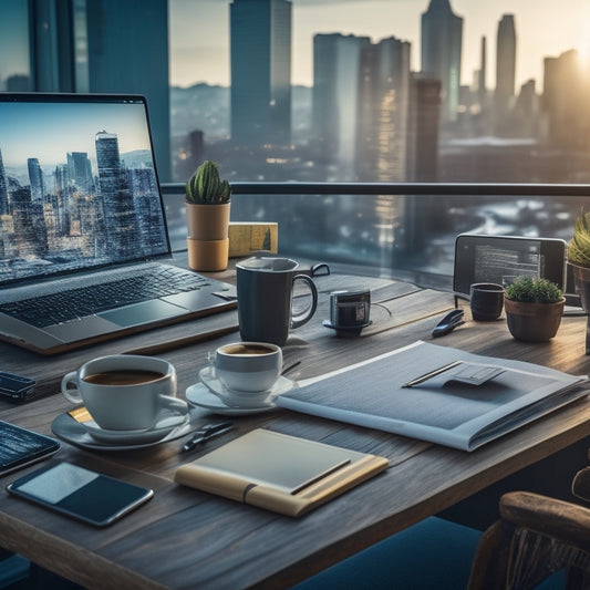 A modern, sleek workspace with a laptop, tablet, and smartphone arranged on a wooden desk, surrounded by scattered papers, pens, and a few coffee cups, amidst a blurred cityscape background.