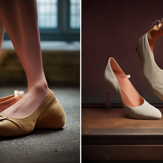A split-screen image featuring a dancer's feet in worn, frayed canvas ballet shoes on the left, and the same dancer's feet in sleek, polished leather ballet shoes on the right.