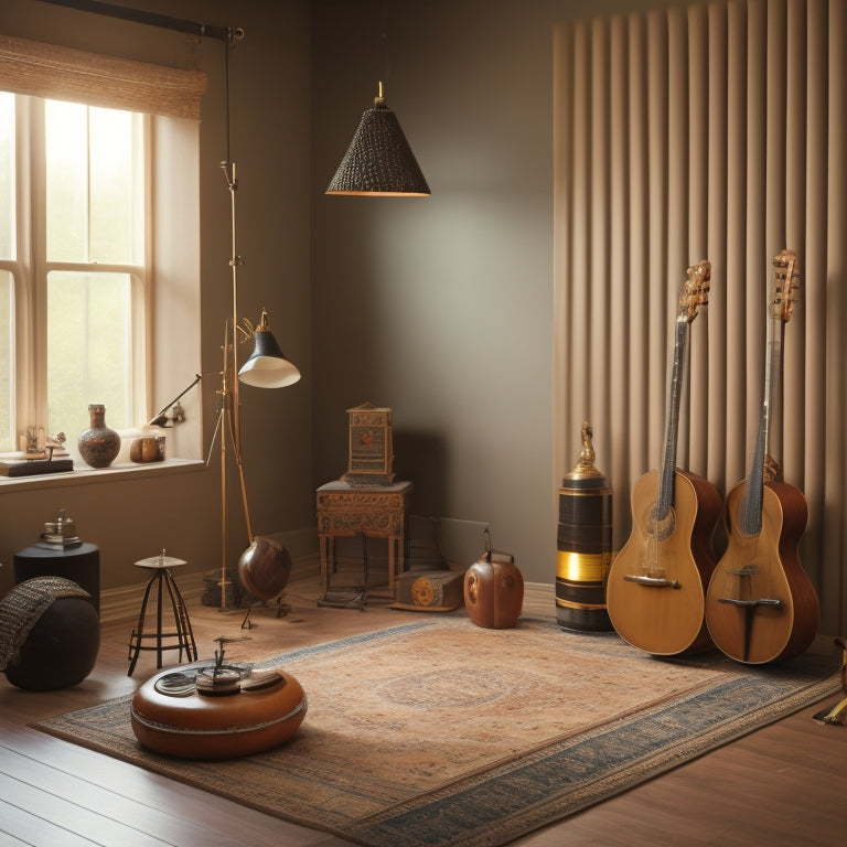 A serene, minimalist studio space with a fusion of traditional Asian instruments and modern recording equipment, surrounded by subtle hints of Eastern-inspired decor and soft, warm lighting.