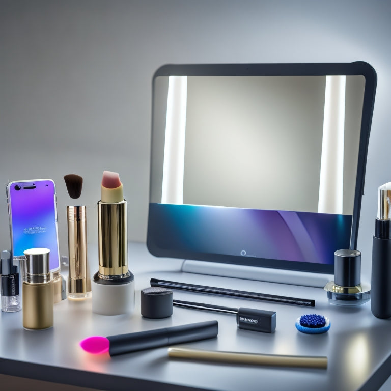 A futuristic, sleek vanity with various digital makeup tools, such as a tablet, smartphone, and ring light, surrounded by colorful makeup products and brushes, with a blurred social media screen in the background.