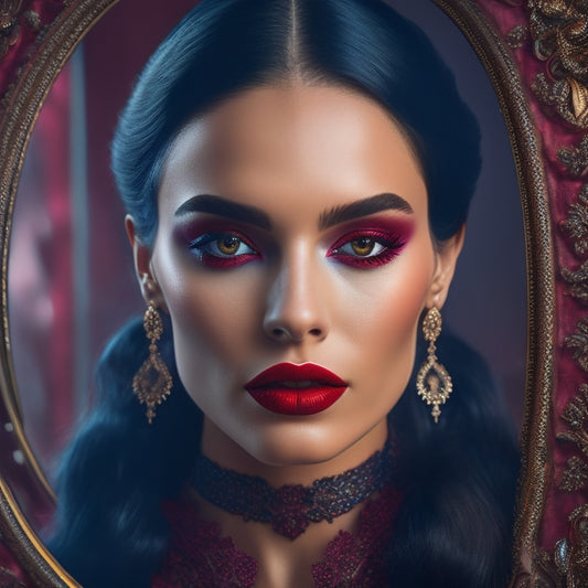 A dark, mystical background with a central, ornate, black-framed mirror reflecting a porcelain-skinned model with bold, crimson lips, eerie eye makeup, and intricately braided, raven-black hair.