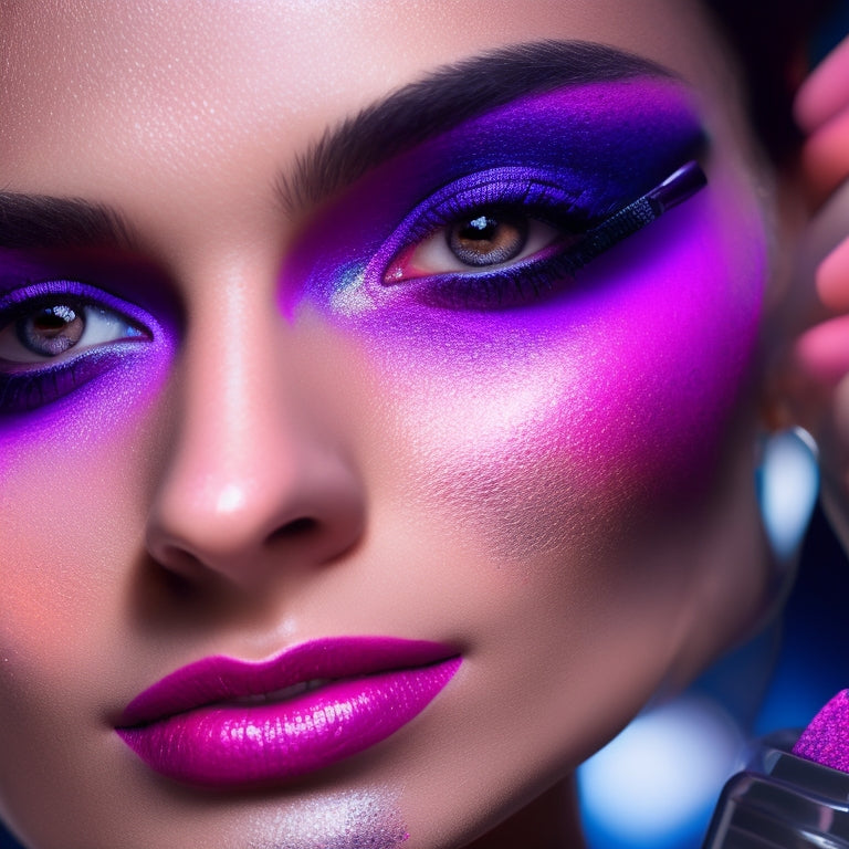 A close-up of a dancer's face, with a tablet or smartphone screen reflecting a makeup tutorial, surrounded by scattered makeup brushes, lipstick, and eyeshadow palettes, with a blurred-out dance studio background.