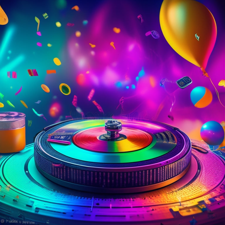 Vibrant illustration of a DJ spinning records surrounded by swirling music notes, colorful dance floors, and artistic splashes, with a hint of confetti and balloons in the background.