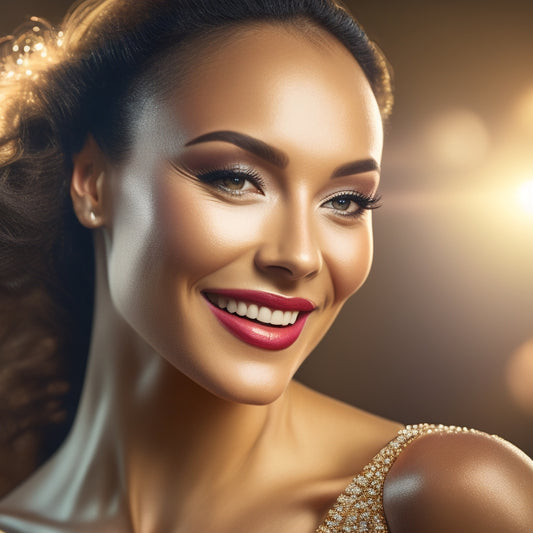 A glamorous dancer stands confidently in front of a sparkling, glittering backdrop, wearing a flawless, shimmering makeup look, with a dazzling spotlight shining down on her radiant, smiling face.