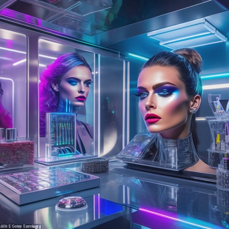 A futuristic makeup studio with sleek, silver machinery and neon lights reflecting off polished surfaces, surrounded by colorful palettes and experimental makeup art pieces on glass shelves.