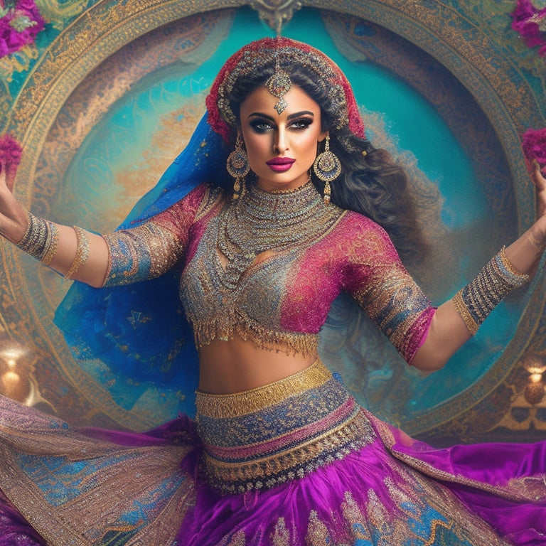 A vibrant illustration featuring a stylized, swirling pattern of Middle Eastern-inspired motifs, surrounded by intricate Arabic calligraphy and adornments, with a shimmering, bejeweled belly dance costume at its center.